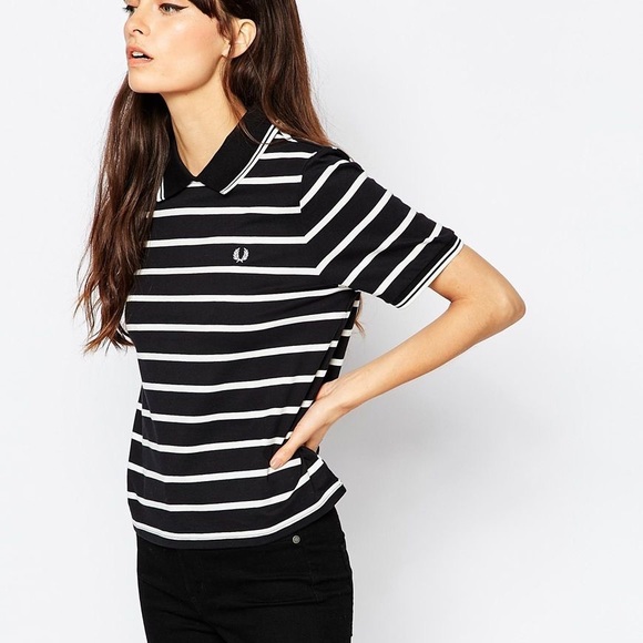 Fred Perry Tops - Fred Perry black striped polo back zip UK 12 Us8